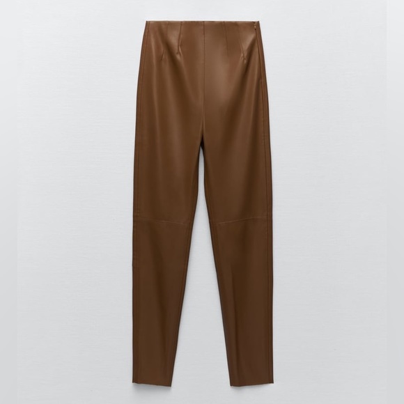 Zara Brown High-Waisted Faux Leather Leggings - Picture 10 of 12
